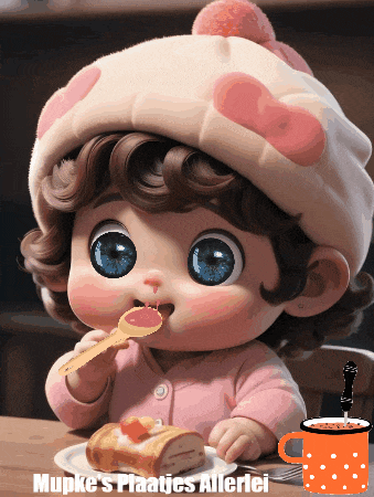 a cartoon girl is eating a piece of cake with the words mupke 's plaatjes allerlei below her
