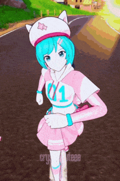 a girl in a pink and white outfit has the number 01 on her top