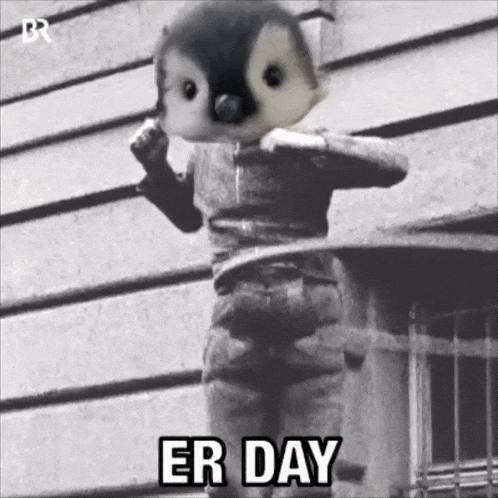 a black and white photo of a penguin with the words er day written on the bottom