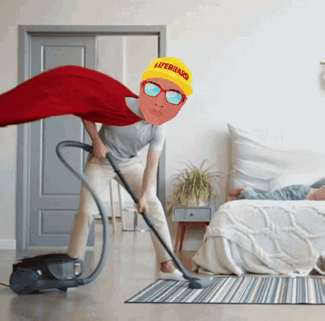 a man wearing a yellow hat that says lifeguard is vacuuming