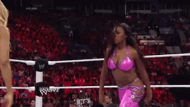 a woman in a pink bikini is in a wrestling ring .