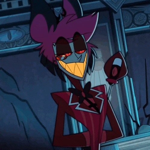 a cartoon character with purple hair and red teeth is smiling