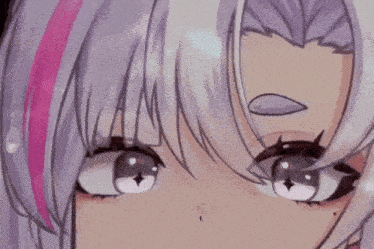 a close up of a anime girl 's eyes with a pink stripe on her hair