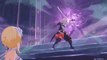 a video game character is fighting another character with a sword and a bow
