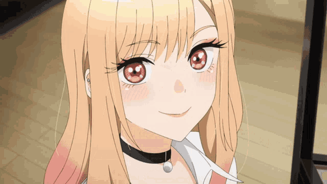 a girl with blonde hair and red eyes is wearing a choker