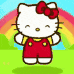 hello kitty is wearing red overalls and a red bow and is standing in a field with a rainbow in the background .