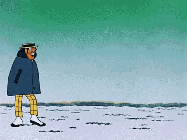 a cartoon character is standing in the snow wearing a blue coat and a hat