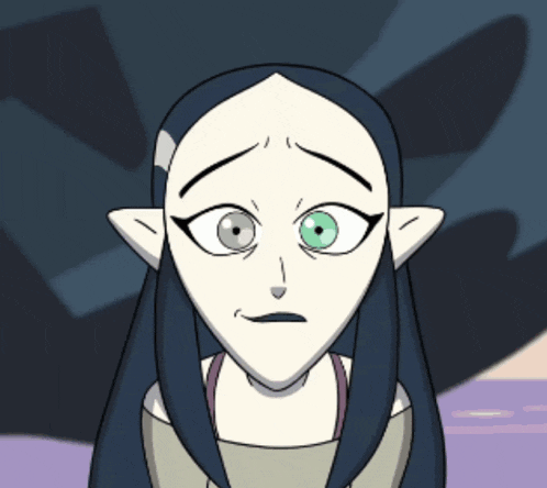 a cartoon character with long black hair and green eyes