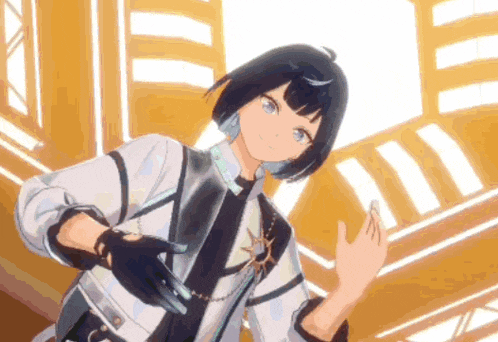 a girl with short black hair is wearing a white jacket