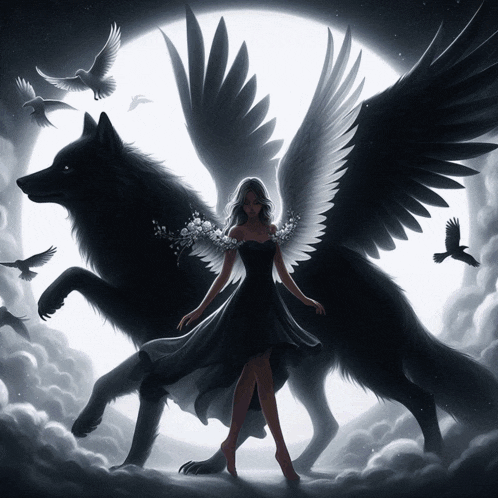 a woman with angel wings is standing next to a black wolf