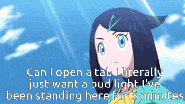 a picture of a girl with the words can i open a tab literally just want a bud light i 've been standing here