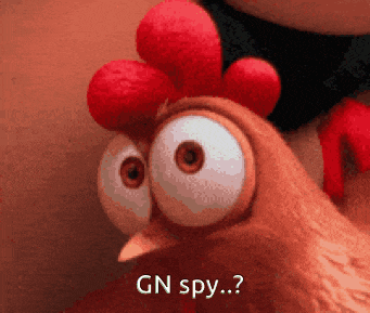 a cartoon chicken says gn spy and has big eyes