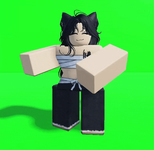 a girl with a cat ear on her head is standing in front of a green screen with her arms outstretched
