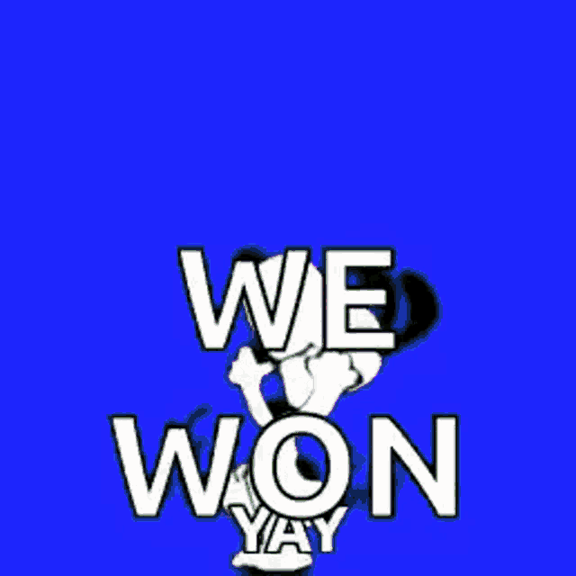 snoopy is giving a thumbs up and says `` we won yay '' on a purple background .