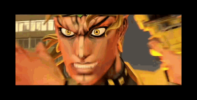 a close up of dio from jojo 's bizarre adventure making a funny face .
