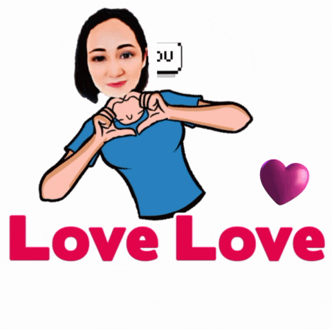 a cartoon of a woman making a heart with her hands and a speech bubble that says " i love you "