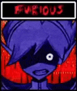 a cartoon of a purple elf with a red background and the word furious written in red letters .