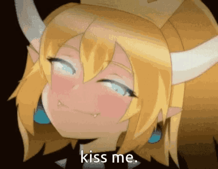 a close up of a cartoon character with horns saying " kiss me "
