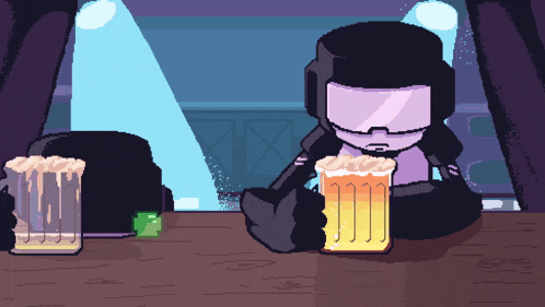 a pixel art drawing of a man sitting at a table with a glass of beer in front of him