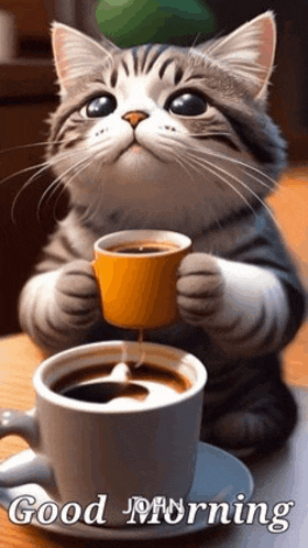 a cat is drinking a cup of coffee on a table .