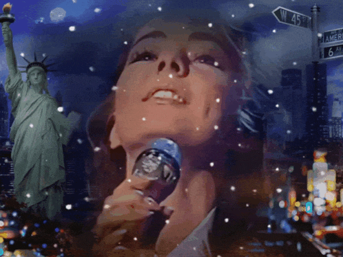 a woman singing into a microphone in front of a statue of liberty
