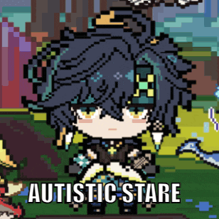 a pixel art drawing of a girl with the words autistic stare written below her