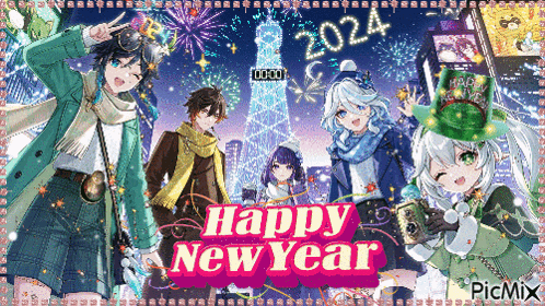 a happy new year greeting with anime characters