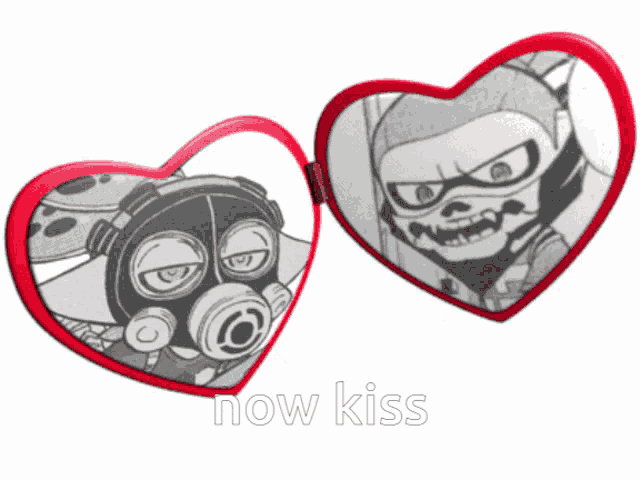 two heart shaped mirrors with a picture of a man in a gas mask and the words now kiss below them
