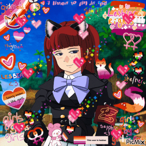 a picture of a girl with a cat ear and a bow tie