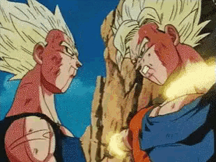 a couple of cartoon characters standing next to each other looking at each other