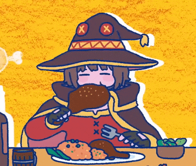 a cartoon of a girl wearing a witch hat eating chicken