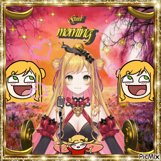 a picture of a girl with a snail on her head and the words good morning on it