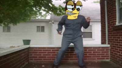 a cartoon character is standing in front of a brick building