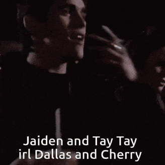 a group of people in a dark room with the words jaiden and tay tay irl dallas and cherry on the bottom