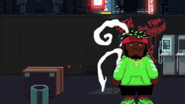 a pixel art drawing of a man wearing a green hoodie and a red headband that says bbpa