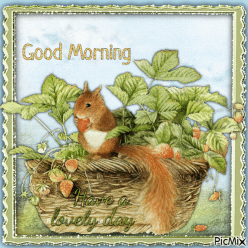 a squirrel is sitting in a basket of strawberries with the words good morning have a lovely day