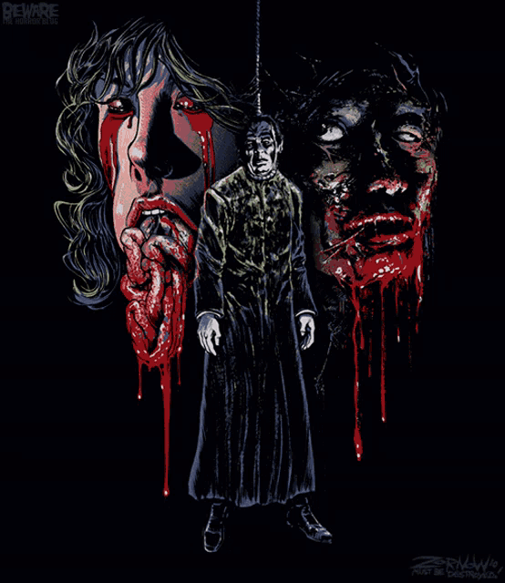 a poster for a movie called beware has blood dripping from the faces of the characters