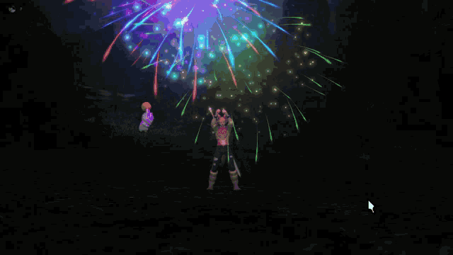 a person in a video game stands in front of a firework display
