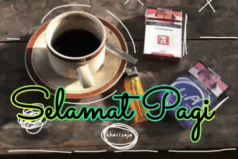 a cup of coffee on a saucer next to a pack of cigarettes and a lighter with selamat pagi written on it