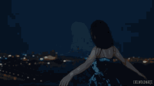 a woman in a black and white dress is standing in front of a city at night with the words chilwoldwaeji below her