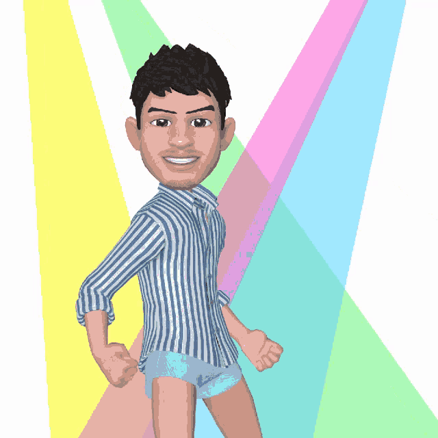 a cartoon character wearing a blue and white striped shirt and blue shorts
