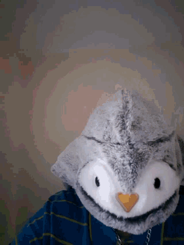a person is wearing a stuffed owl hat with a yellow beak