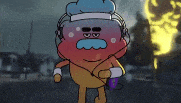 a cartoon character wearing headphones and a chef 's hat is running .