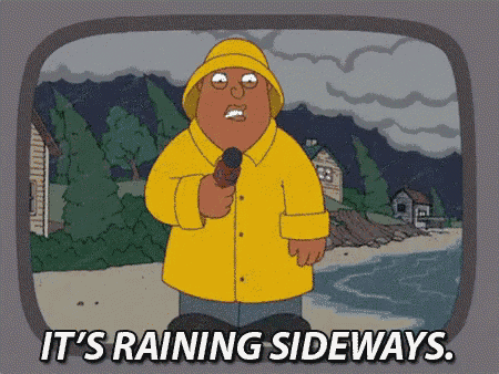 a cartoon of a man in a yellow raincoat holding a microphone and the words it 's raining sideways