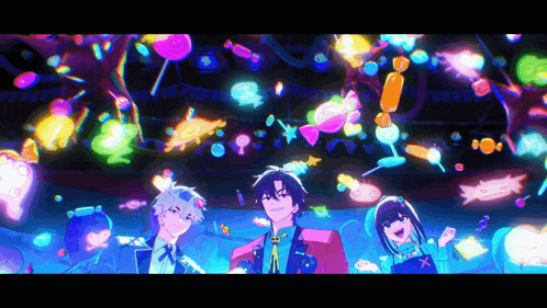 a group of anime characters are standing in front of a colorful background of candy .