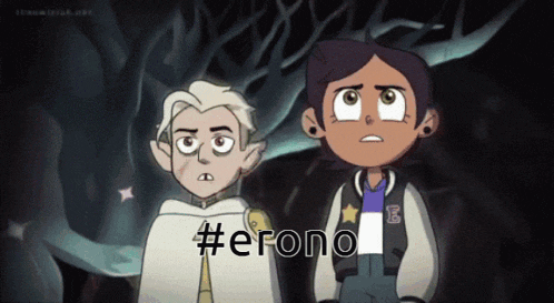a couple of cartoon characters standing next to each other with the words #erono