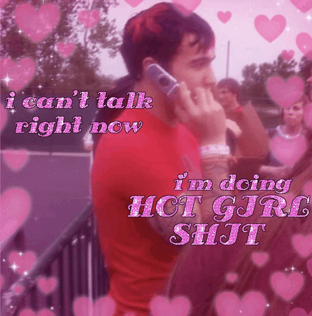 a man talking on a cell phone with the words i can 't talk right now