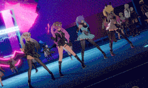 a group of anime girls are dancing on a stage with a sign that says ' tokyo ghoul ' on it in the background