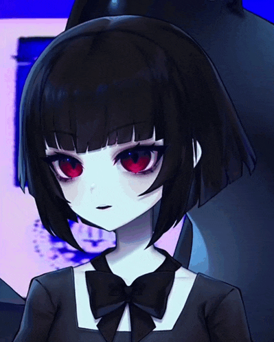 a girl with black hair and red eyes is wearing a black bow tie