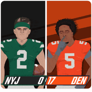 two football players are standing next to each other with nyj holding a ball